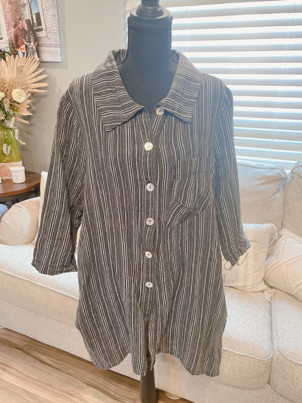 Chalet Linen Striped Black & Grey Blouse Size M